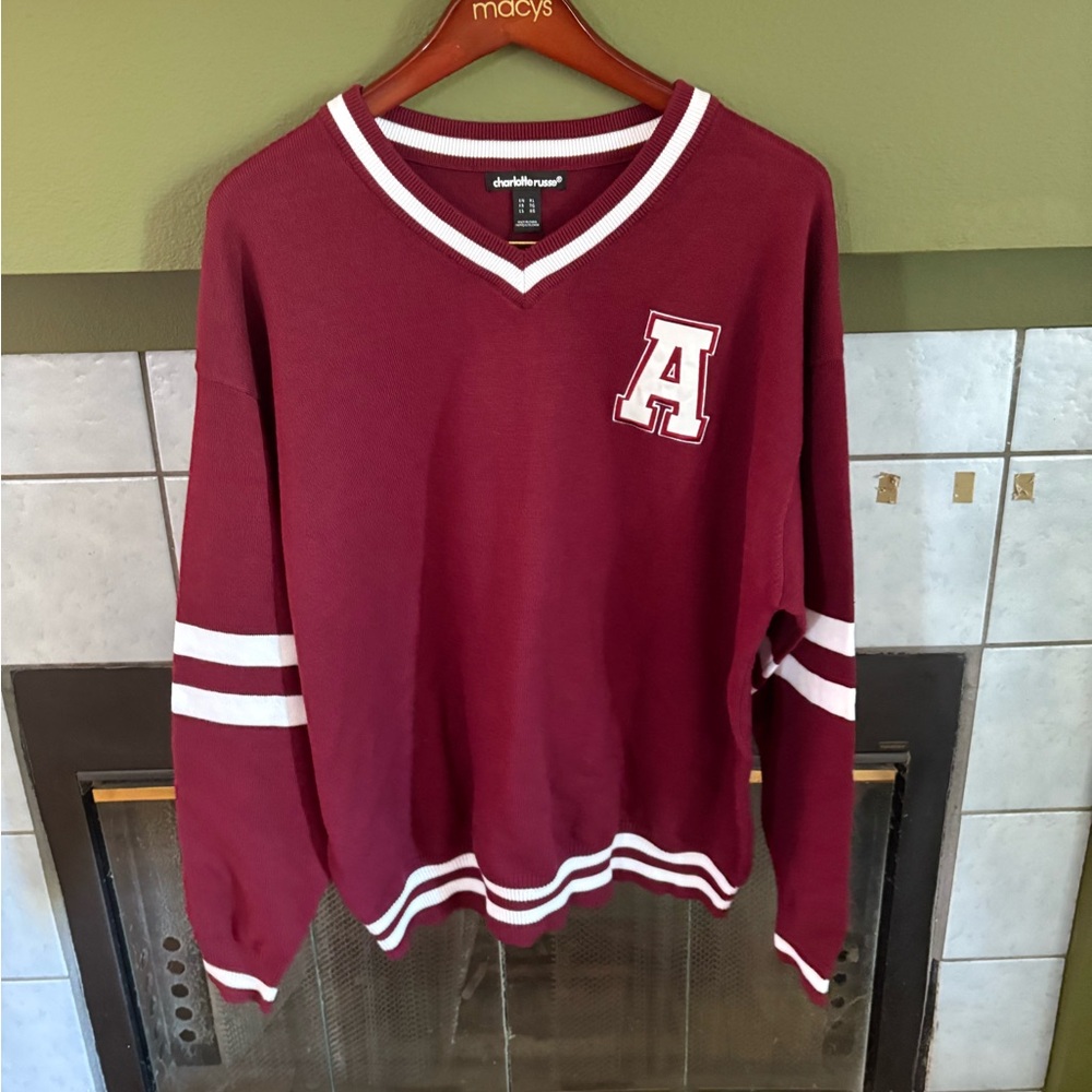 Womans Burgundy V-Neck Sweater with White Stripes